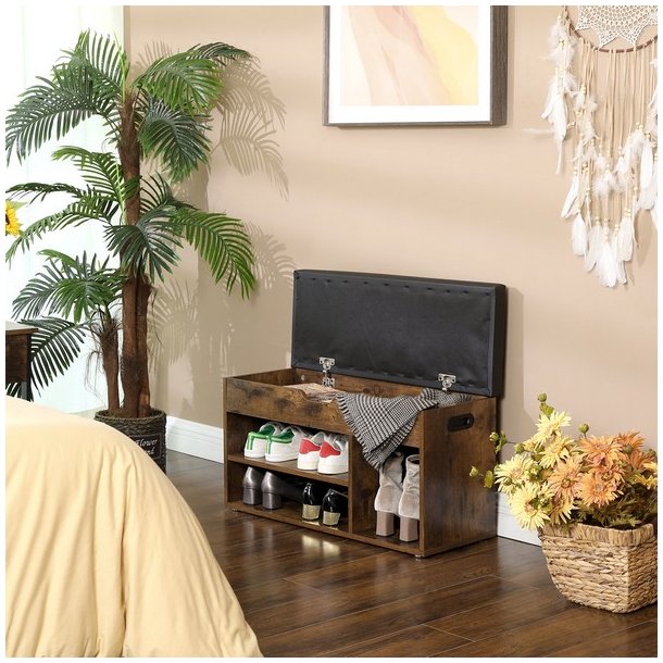 Skob�nk - siddeb�nk med skohylder - opbevaringsb�nk - brun