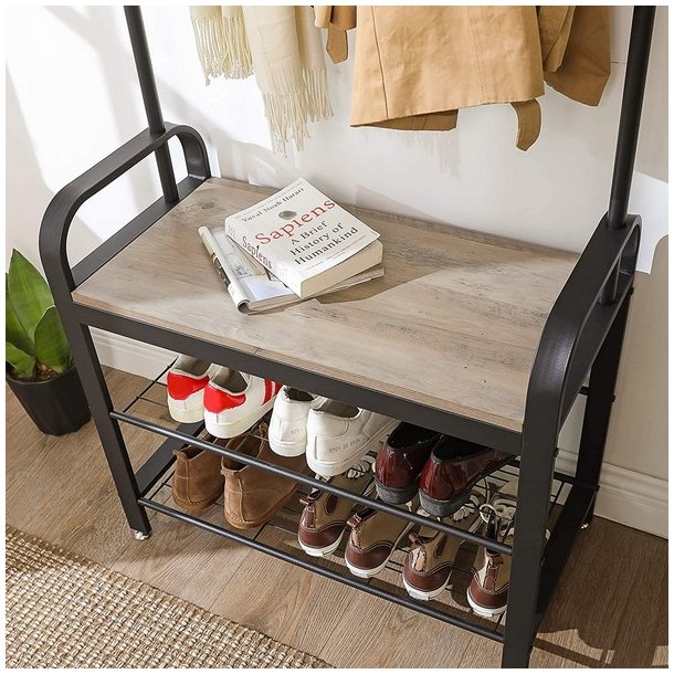 Garderobestativ med knager�kker og b�jlestang - gr� beige