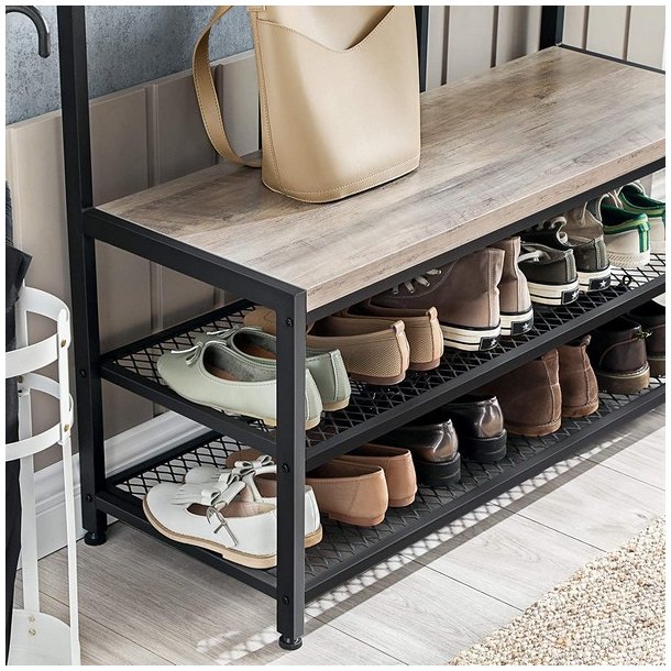 Garderobestativ med knager�kker og 2 skohylder - gr� beige