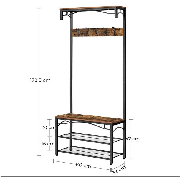 Garderobestativ med siddeb�nk, knager og skohylder - rustik brun