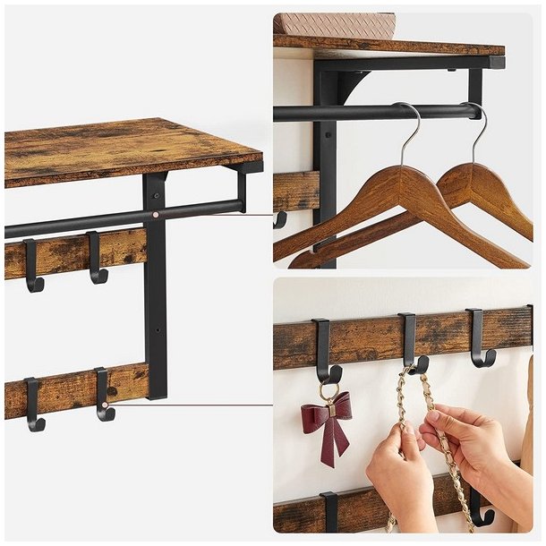 Knager�kke med b�jlestang og hattehylde 65x30 cm - rustik brun