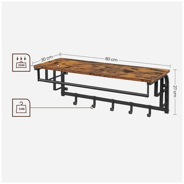 Knager�kke med hattehylde og b�jlestang 80x30 cm - rustik brun