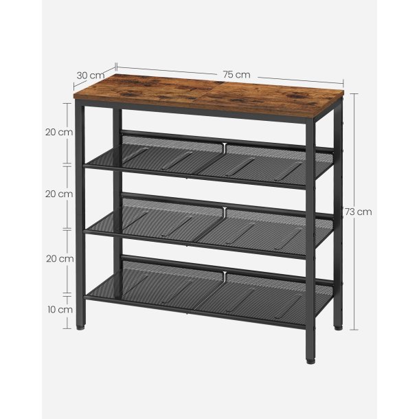 Skoreol med 3 hylder - skostativ med metalhylder - rustik brun