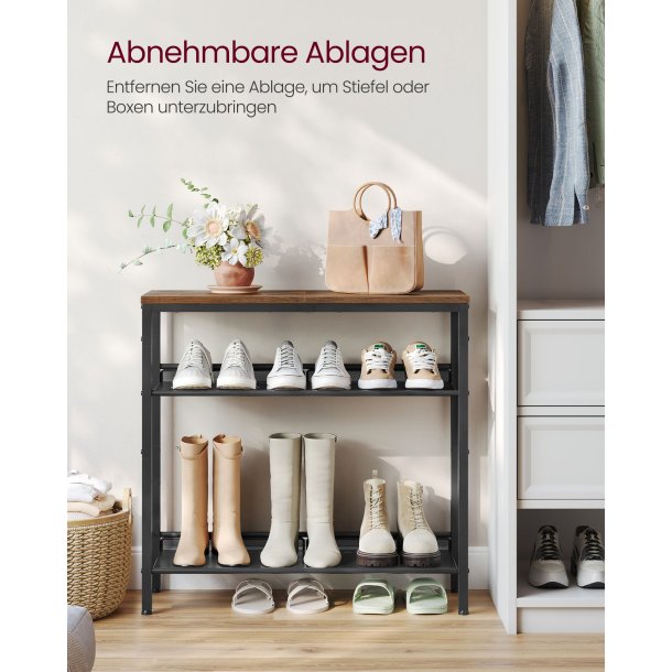 Skoreol med 3 hylder - skostativ med metalhylder - rustik brun