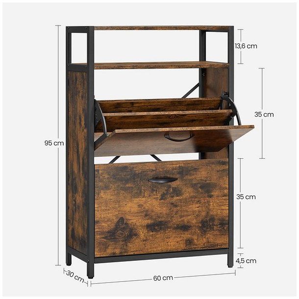 Skoskab med 2 rum - skoreol med 2 skuffer - rustikt brunt