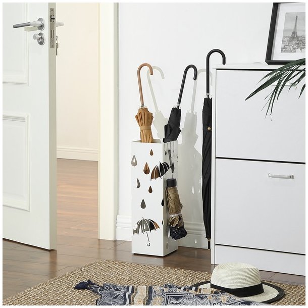 Paraplystativ med kroge og drypbakke - hvid paraplyholder