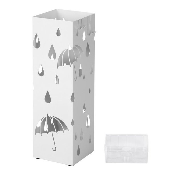 Paraplystativ med kroge og drypbakke - hvid paraplyholder
