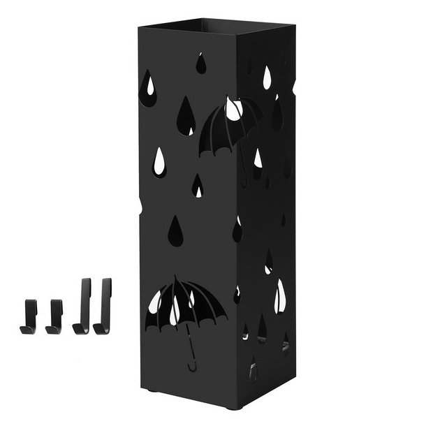 Paraplystativ med kroge og drypbakke - sort paraplyholder