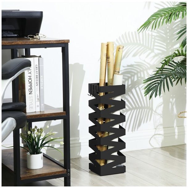 Paraplyholder med kroge og drypbakke - sort paraplystativ