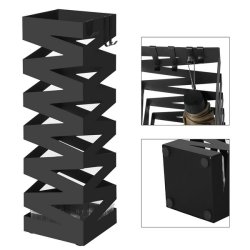 Paraplyholder med kroge og drypbakke - sort paraplystativ