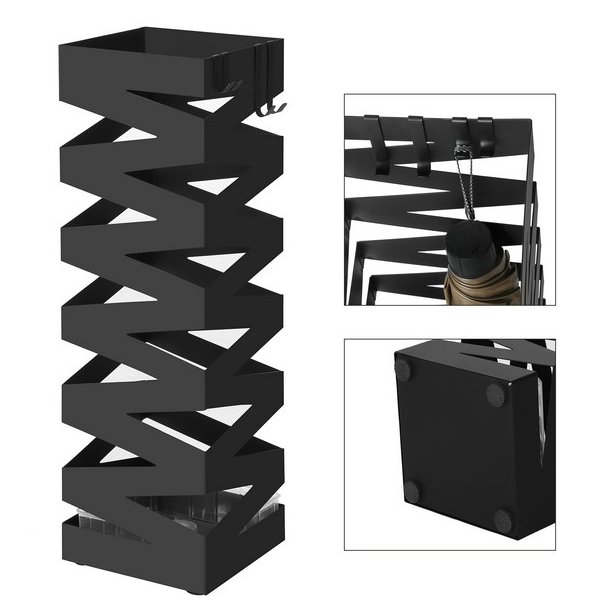 Paraplyholder med kroge og drypbakke - sort paraplystativ