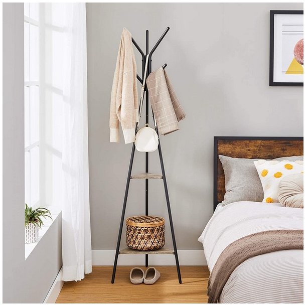 Stumtjener - frakke stativ i sort metal med 2 gr� beige hylder