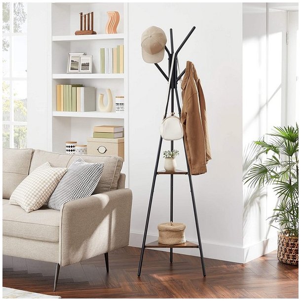 Stumtjener - frakke stativ i sort metal med 2 rustik brune hylder