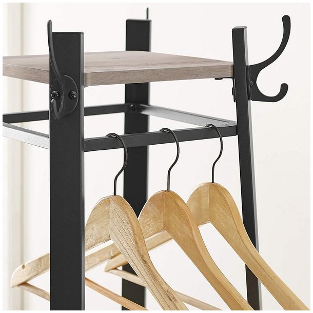 Stumtjener - frakke stativ i sort metal med 3 gr� beige hylder