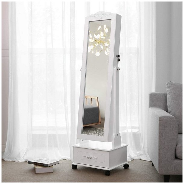 Smykkeskab med spejl, hjul og LED lys - skab til smykker - hvid