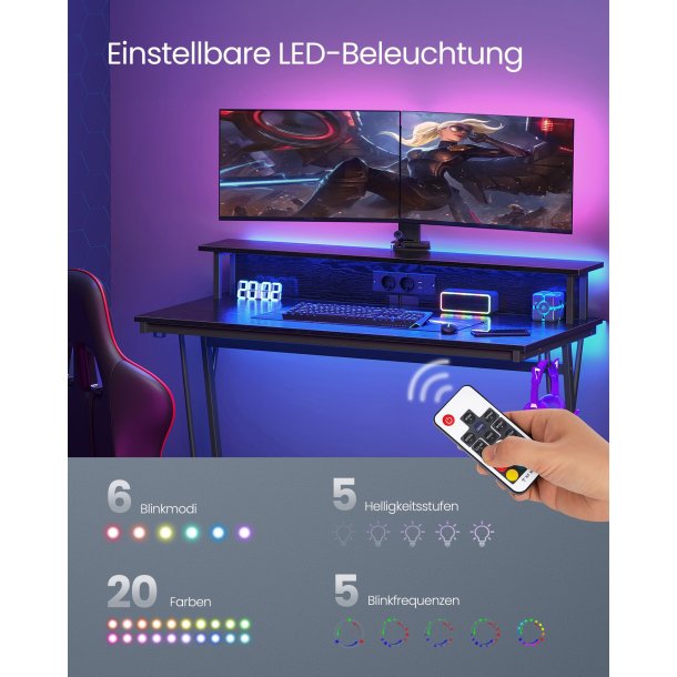 Gamerbord med sk�rmstativ, LED-lys og str�m - sort 120x60x76