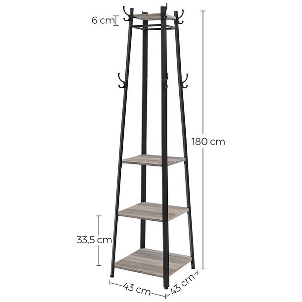 Stumtjener - frakke stativ i sort metal med 3 gr� beige hylder