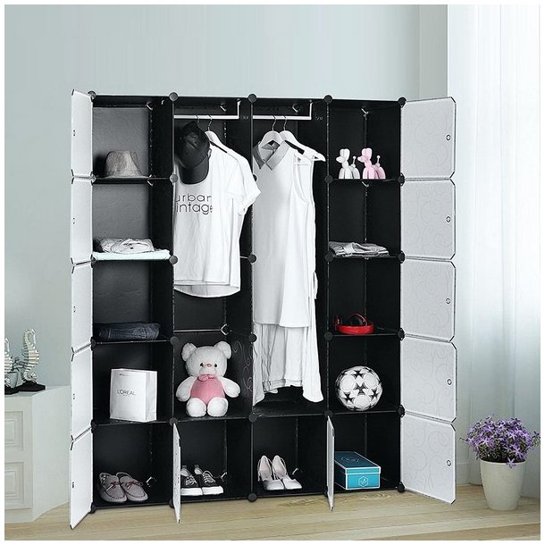 Reolsystem - kubisk garderobe i plastik med 2 b�jler og 12 rum