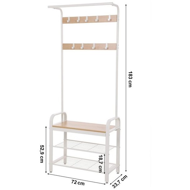 Garderobestativ med knager�kker og 2 skohylder - hvid/beige