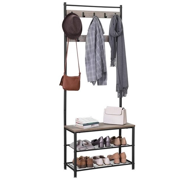 Garderobestativ med knagerkker og 2 skohylder - beige/gr