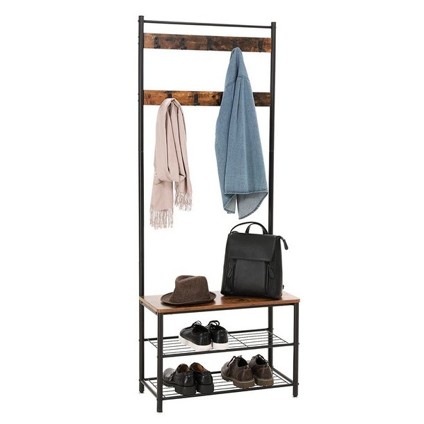 Garderobestativ med knager�kker og 2 skohylder - rustik brun