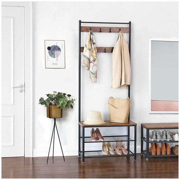 Garderobestativ med knager�kker og 2 skohylder - rustik brun