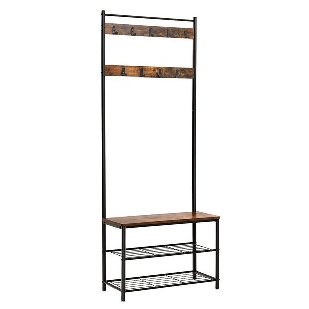 Garderobestativ med knager�kker og 2 skohylder - rustik brun