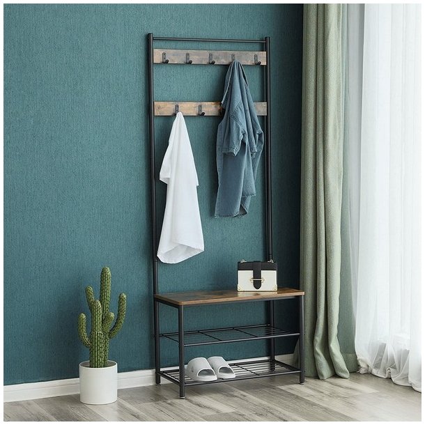 Garderobestativ med knager�kker og 2 skohylder - rustik brun