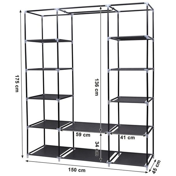 Kl�deskab med stofsider - sort garderobeskab og t�jskab - 175 cm