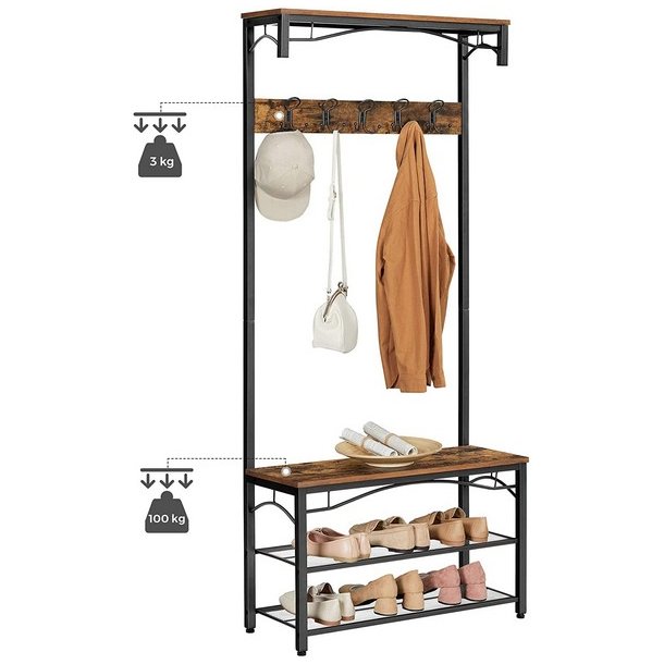 Garderobestativ med siddeb�nk, knager og skohylder - rustik brun