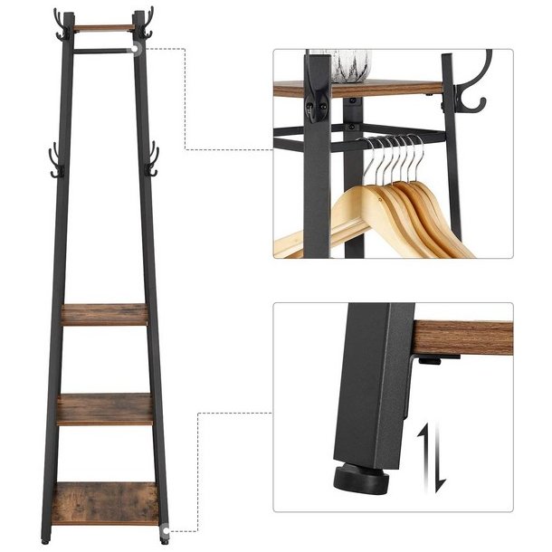Stumtjener - frakke stativ i sort metal med 3 rustik brune hylder