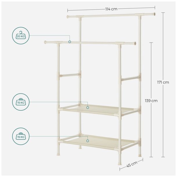 Garderobestativ - tjstativ med hylde og dobbelt tjstang - hvid