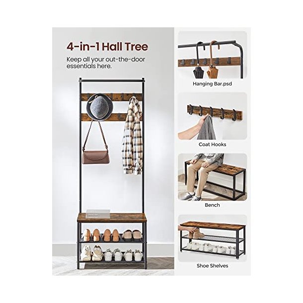 Garderobestativ med knager�kker og 2 skohylder - rustik brun