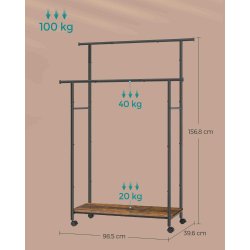T�jstativ p� hjul med skohylde og 2 t�jst�nger - rustik brun