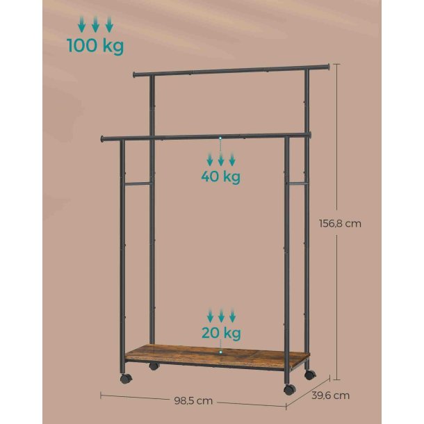 T�jstativ p� hjul med skohylde og 2 t�jst�nger - rustik brun