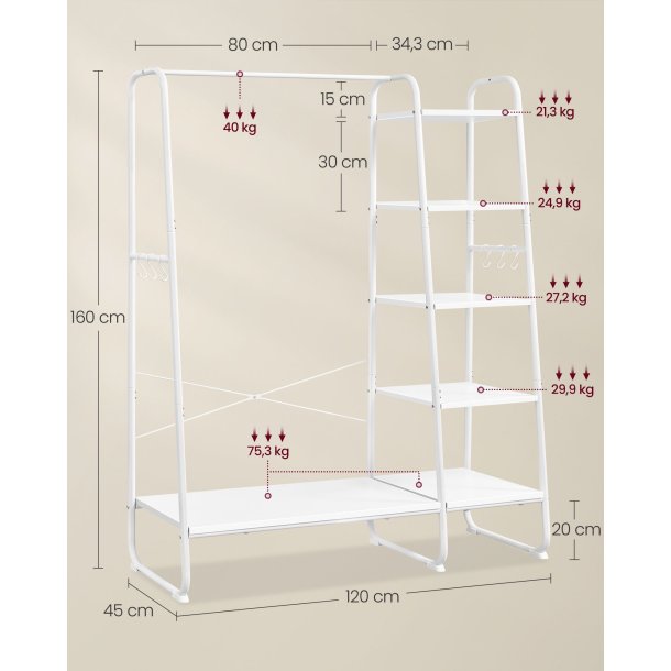 T�jstativ - hvid t�jstativ med b�jlestang og 5 hylder