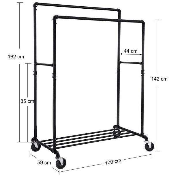 T�jstativ i vandr�r look med hjul, hylde og dobbelt t�jstang