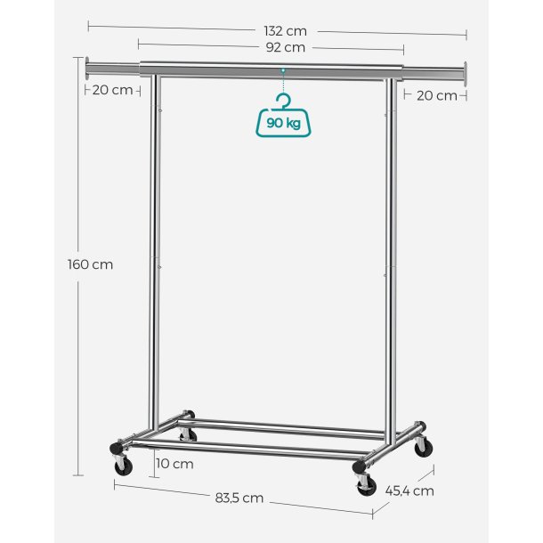 T�jstativ p� 4 hjul - kraftig krom garderobestativ til 90 kg