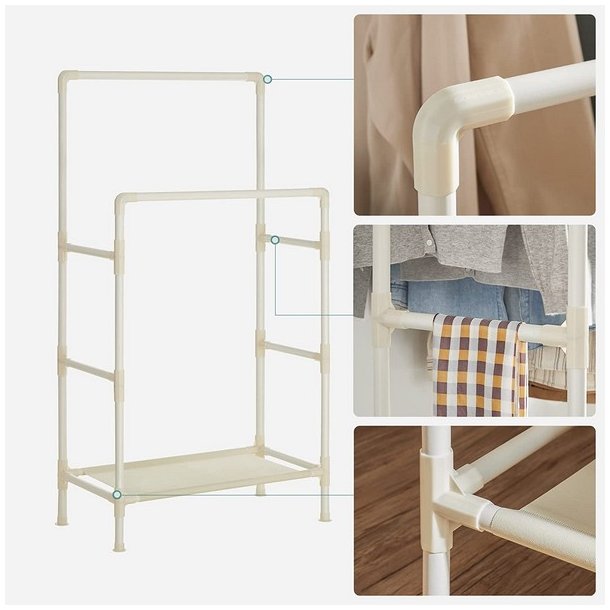 Garderobestativ - tjstativ med hylde og dobbelt tjstang - hvid