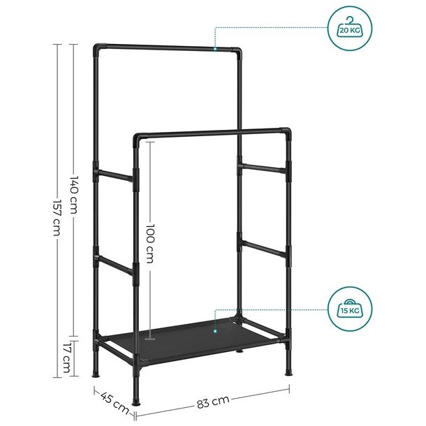 T�jstativ i vandr�r look med hylde og dobbelt t�jstang - sort