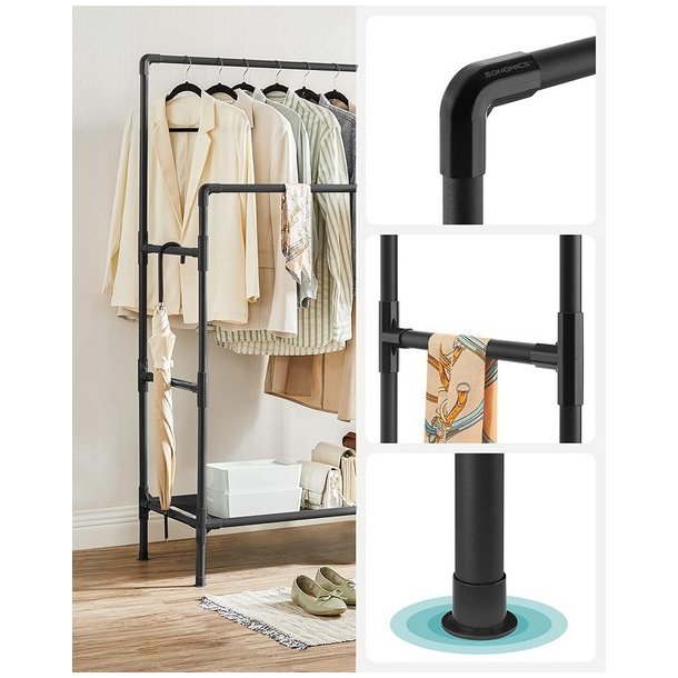 T�jstativ i vandr�r look med hylde og dobbelt t�jstang - sort