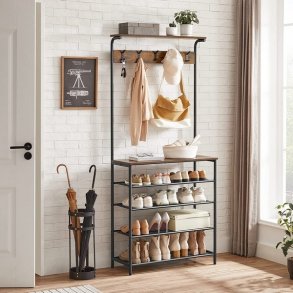 Garderobestativ med knager�kke og 4 skohylder - rustik brun