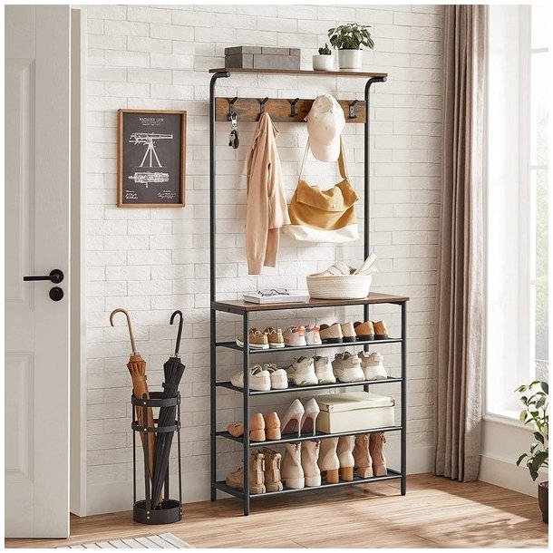 Garderobestativ med knagerkke og 4 skohylder - rustik brun