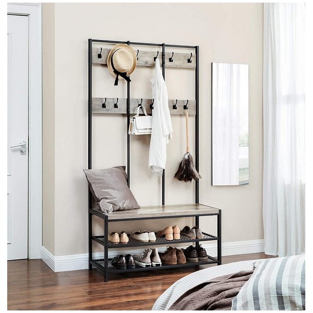 Garderobestativ med knager�kker og 2 skohylder - gr� beige