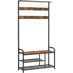 Garderobestativ med knager�kker, siddeb�nk og skohylder - brun