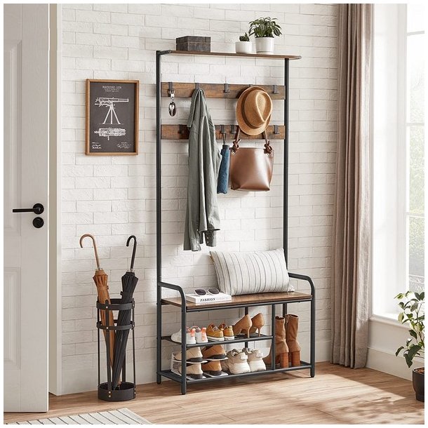 Garderobestativ med knager�kker, siddeb�nk og skohylder - brun