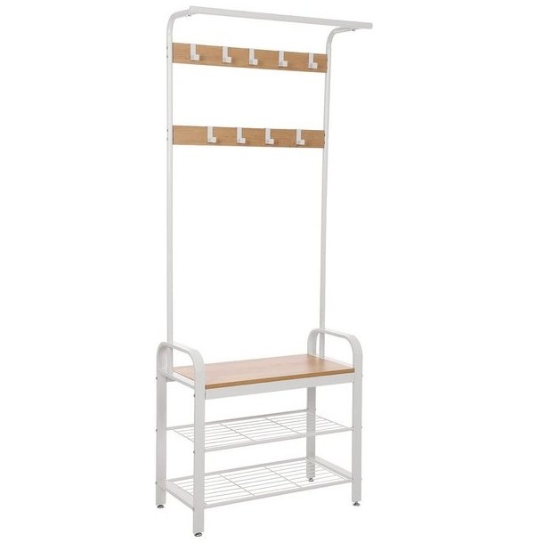 Garderobestativ med knager�kker og 2 skohylder - hvid/beige