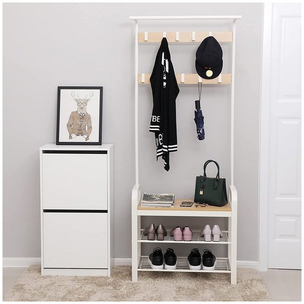 Garderobestativ med knager�kker og 2 skohylder - hvid/beige