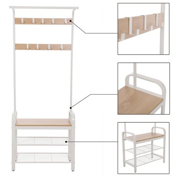 Garderobestativ med knager�kker og 2 skohylder - hvid/beige