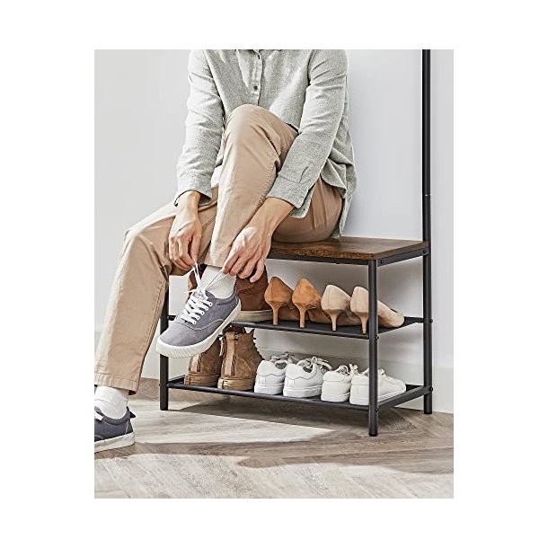 Garderobestativ med knager�kker og 2 skohylder - rustik brun